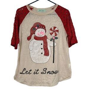 Southern Grace XL Snowman Raglan Red Lace Sleeves Soft Graphic Holiday Top Xmas